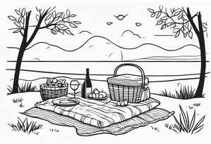 Very light and minimalstic picnic scene in nature. A blanket, picnic-basket with lid, pillows and party tennants. Thin lines. tattoo idea