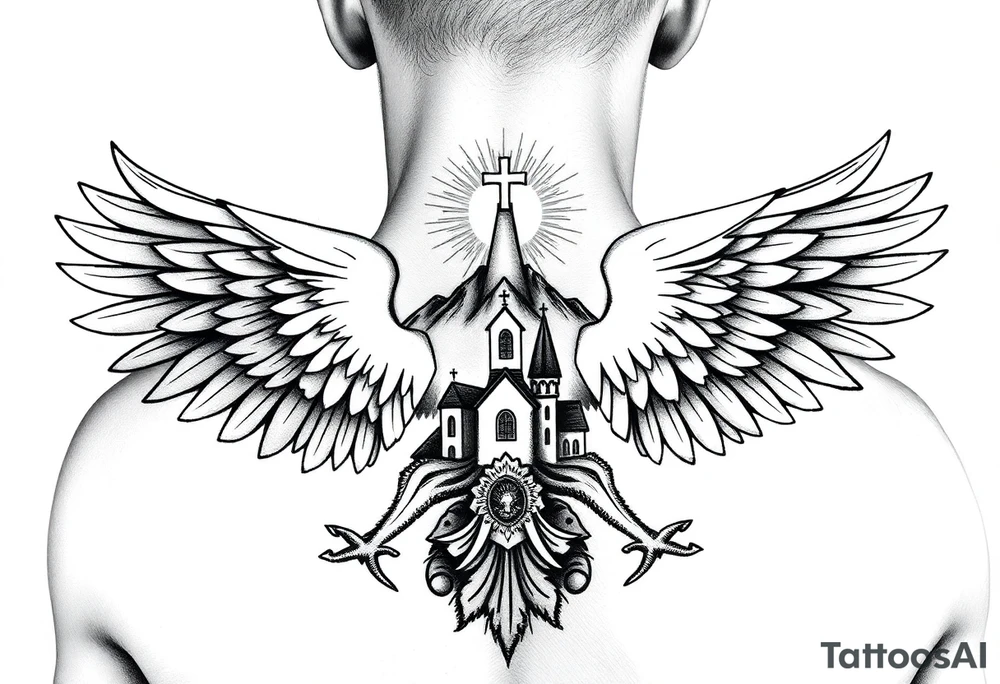 russian coat of arms with the eagles wings spanning out on my back neck across my shoulders / traps with a orthodox christian church being visible in a mountainous sun beaming setting, with the russian orthodox cross spire of the orthodox church being visible on my neck with a sun beaming in the background that the cross sits inside tattoo idea