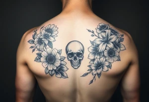 Half sleeve of Dark feminine florals with daisies, poppies, white narcissus, sweet peas, gladiolus with a feminine skull tattoo idea