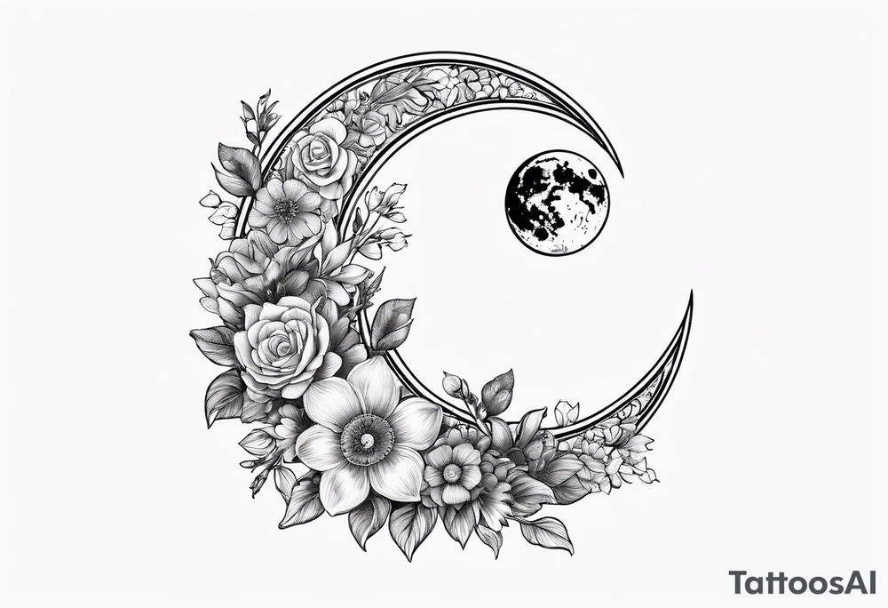 Crescent moon made out of flowers facing to the right tattoo idea