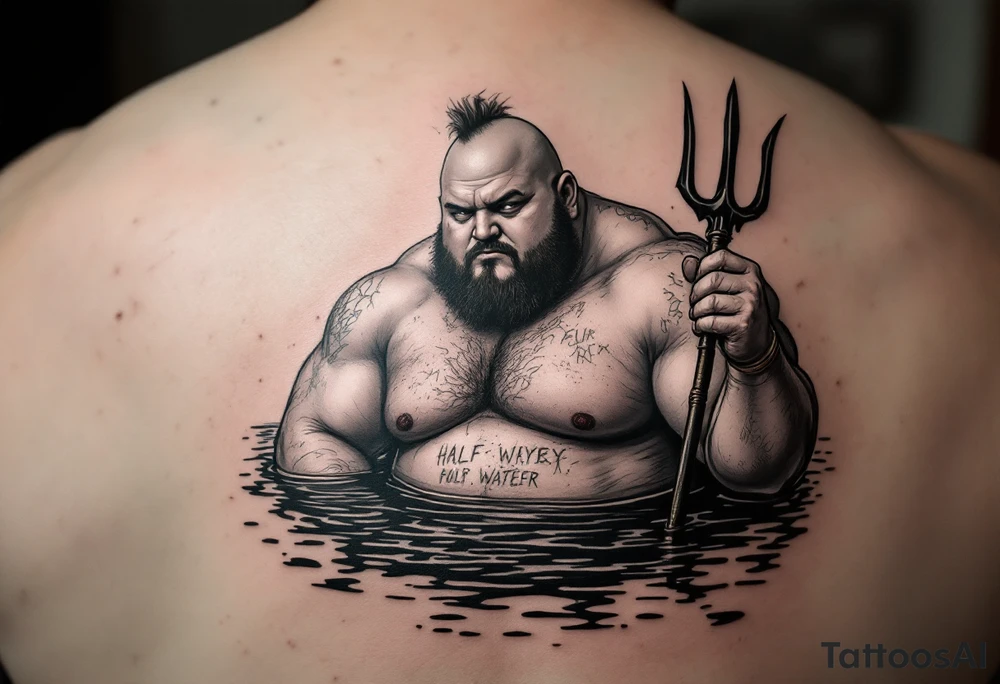 Gay fat guy, with no facial hairs, with trident, half way in calm water, with a beer tattoo idea