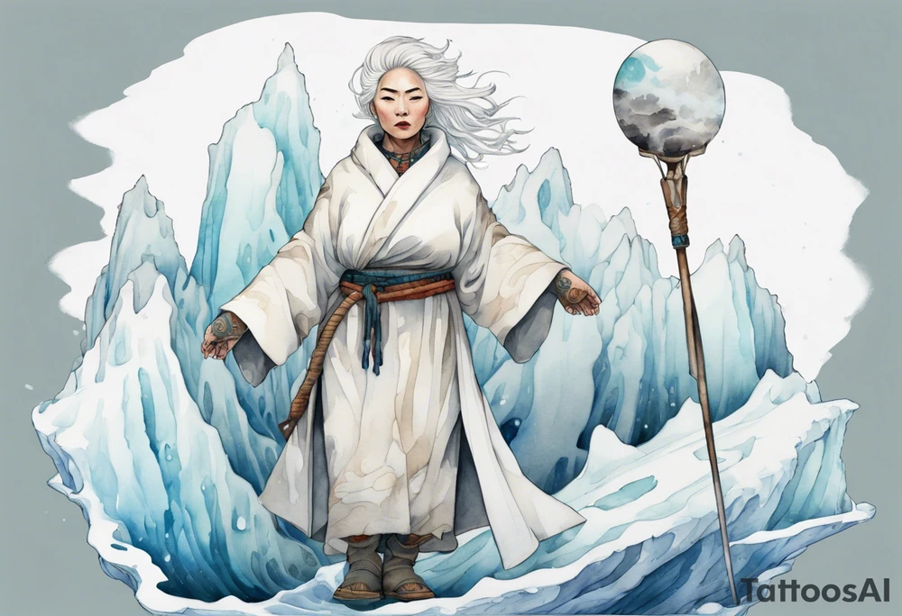 a 40 year old Inuit woman with white hair and a white robe holding a white staff, standing on an iceberg tattoo idea