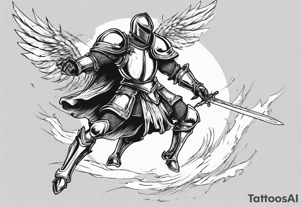 A Winged Paladin Knight in mid-air with his sword about to attack. tattoo idea