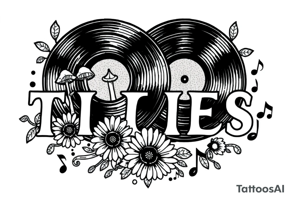 two overlapping vinyl records with mushrooms, sunflowers, and music notes tattoo idea