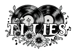 two overlapping vinyl records with mushrooms, sunflowers, and music notes tattoo idea