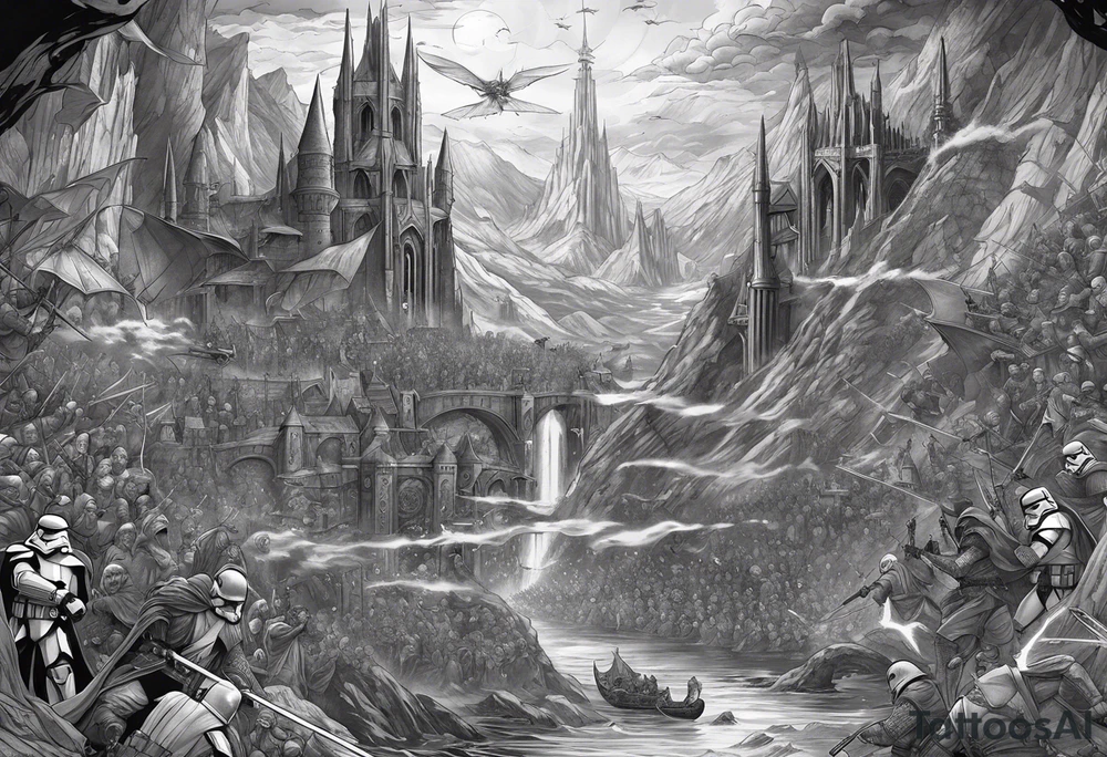 Full arm sleeve tattoo extending from shoulder to wrist featuring characters from Star Wars and DC comics battling at Helms Deep from Lord of the Rings tattoo idea