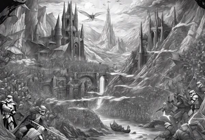 Full arm sleeve tattoo extending from shoulder to wrist featuring characters from Star Wars and DC comics battling at Helms Deep from Lord of the Rings tattoo idea