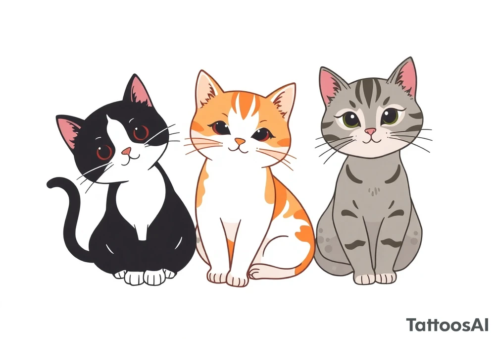 three cats, one black and white cat, one orange and white cat and one grey tabby cat tattoo idea