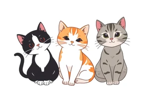 three cats, one black and white cat, one orange and white cat and one grey tabby cat tattoo idea