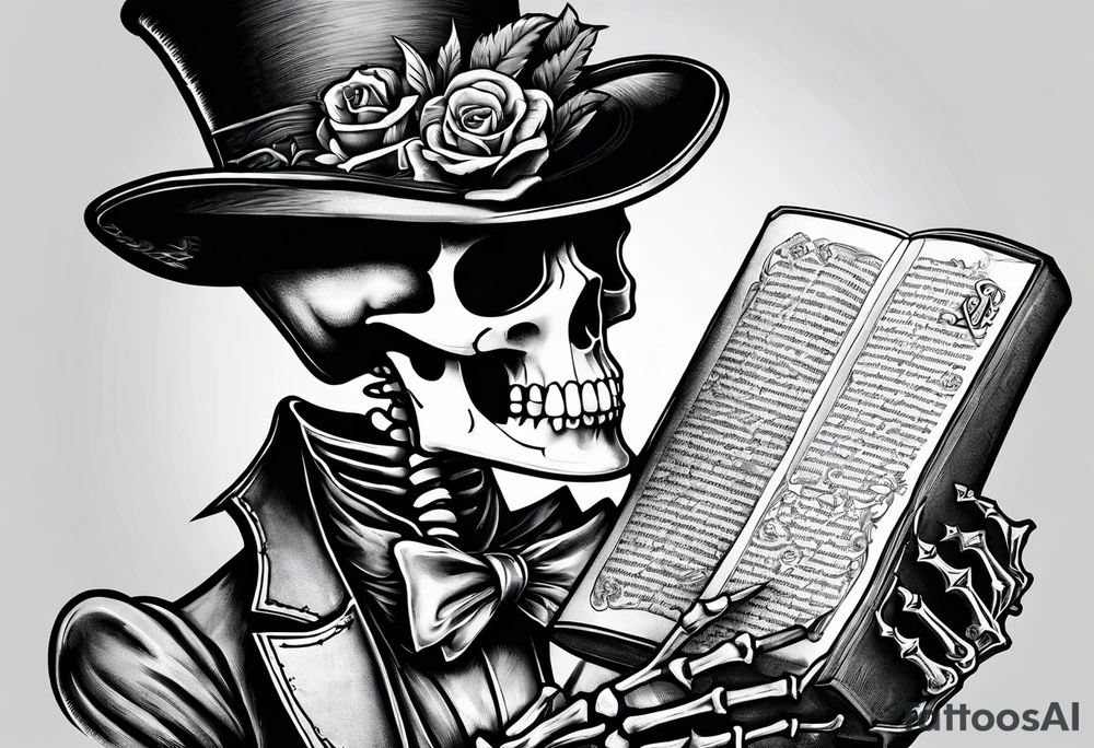 old time skeleton wearing a top hat holding a bible tattoo idea