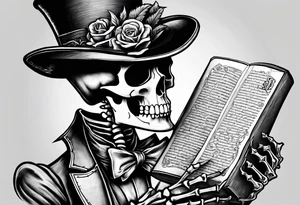 old time skeleton wearing a top hat holding a bible tattoo idea