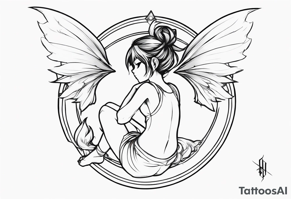 No color sideways sketch of a fairy with a tail inspired by the guild symbol in the anime show called Fairy Tail in a fetal position leaning forward while crawled in and her body is an angle while floating in the air with big wings tattoo idea