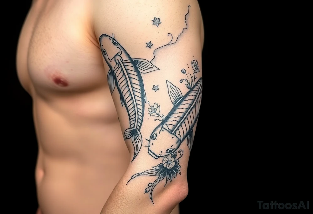 2 koi swimming upstream with tiger lily’s tattoo idea