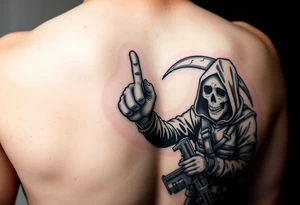 Special forces combat medic treating a soldier while he puts his middle finger up at the grim reaper tattoo idea