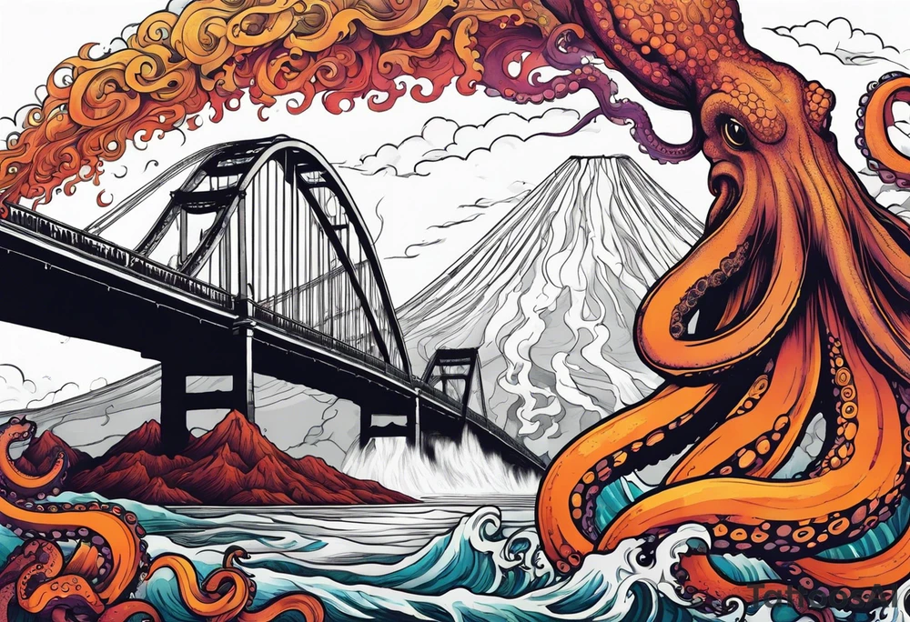 Octopus attacking a bridge with volcano in background erupting tattoo idea