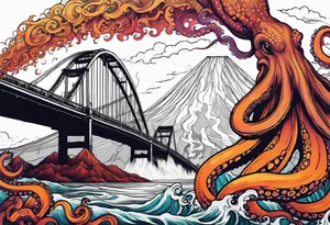 Octopus attacking a bridge with volcano in background erupting tattoo idea