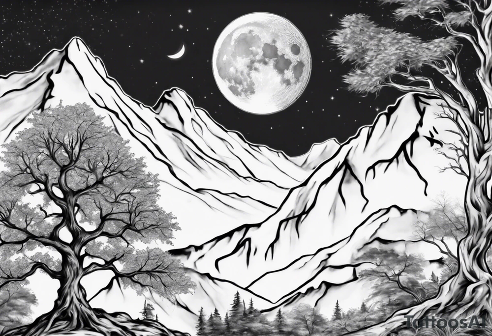 A moon with a face of clock mountain in the back ground tress in front of the moon tattoo idea