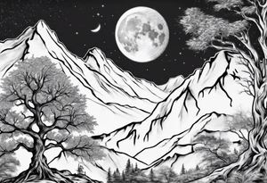 A moon with a face of clock mountain in the back ground tress in front of the moon tattoo idea
