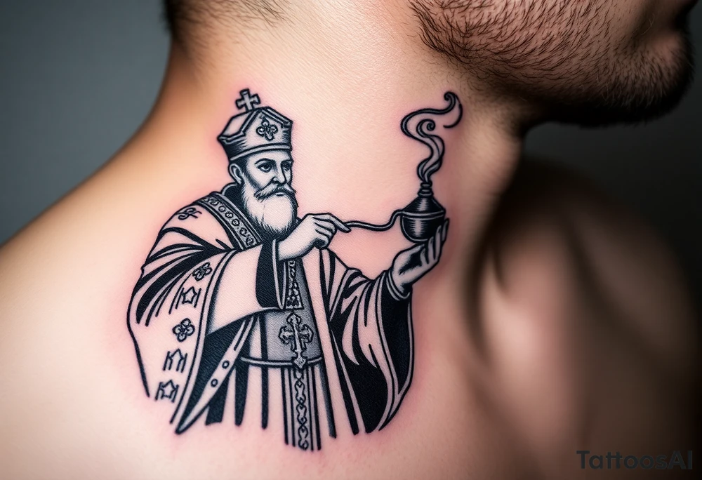 Russian Orthodox Priest in fully detailed vestment swinging a censer with smoke curling upward tattoo idea