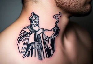 Russian Orthodox Priest in fully detailed vestment swinging a censer with smoke curling upward tattoo idea
