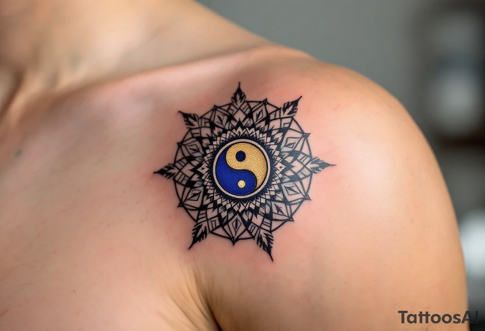 An intricate mandala with a yin-yang center, radiating golden and deep blue hues, symbolizing balance and harmony. tattoo idea