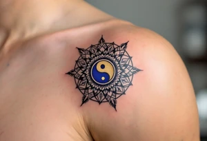 An intricate mandala with a yin-yang center, radiating golden and deep blue hues, symbolizing balance and harmony. tattoo idea