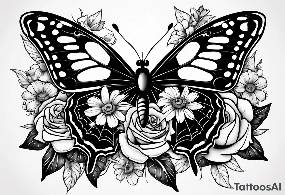 Dark feminine spider butterfly with roses, daisies, marigolds, sweet peas and Cosmos flowers. tattoo idea