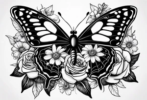 Dark feminine spider butterfly with roses, daisies, marigolds, sweet peas and Cosmos flowers. tattoo idea