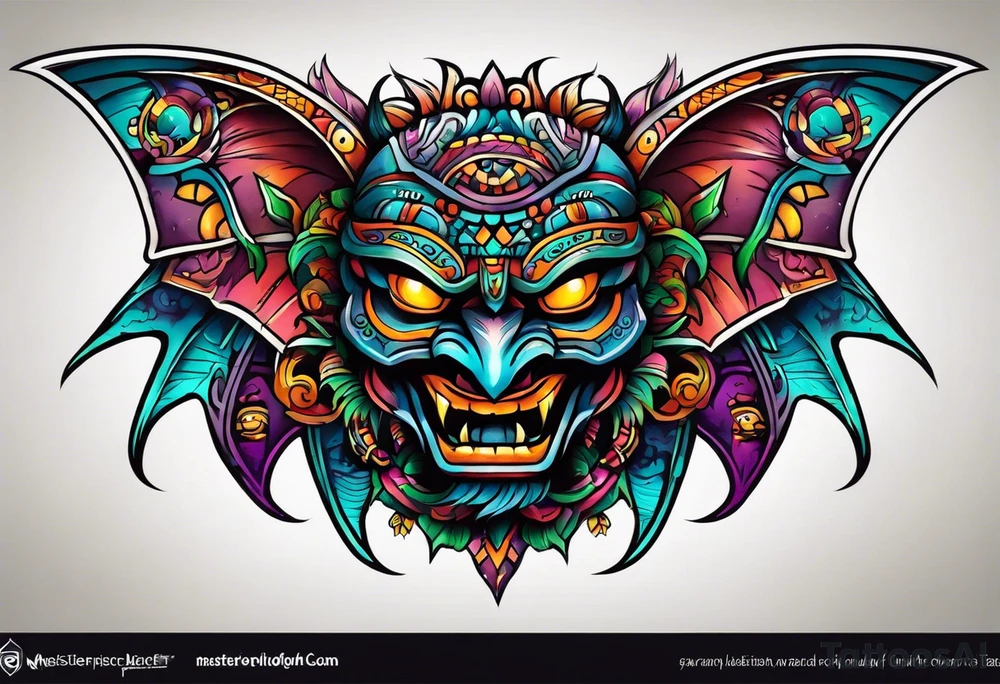 Colorful Mayan cave and bats tattoo idea