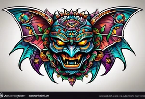 Colorful Mayan cave and bats tattoo idea