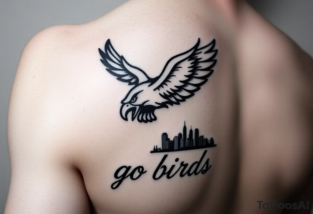 Philadelphia Eagle classic logo flying over Philadelphia city skyline with the words go Birds under it on bicep tattoo idea