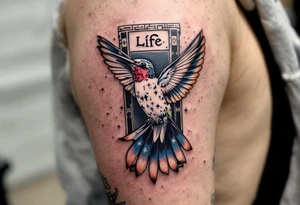 A hummingbird flying through a cartouche (Egyptian nameplate) that spells out a meaningful word like “Life” or “Strength.”(only red , blue and black are possible colors) tattoo idea