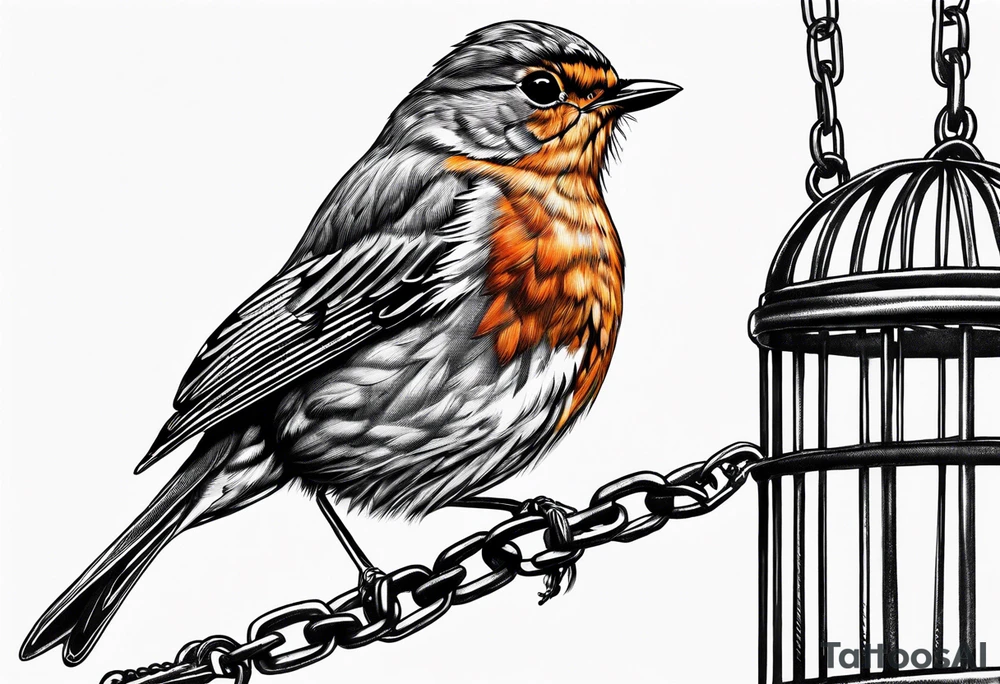 caged robin bird chained tattoo idea