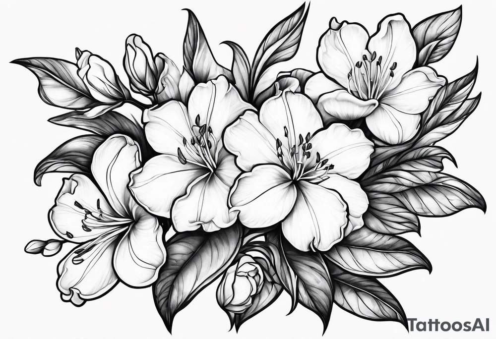 5-petal azaleas with buds along a long branch tattoo idea
