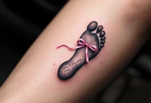 A tiny footprint in soft gray with a pink ribbon tied around it, personalized with a birthdate Lena 26. 03. 2019. tattoo idea