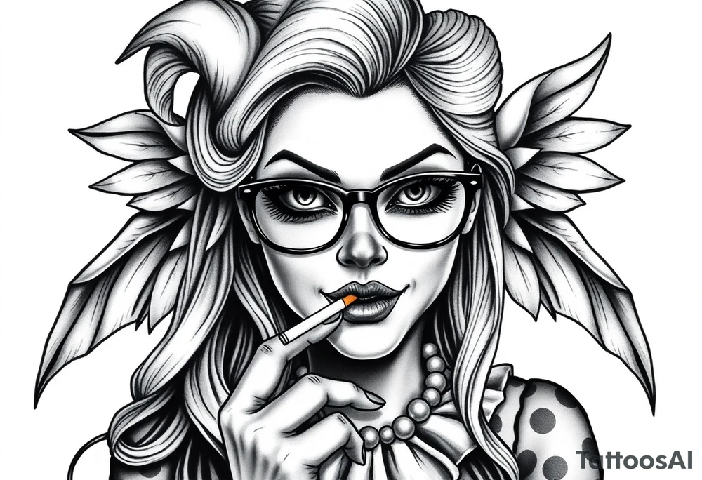 beautiful long hair pin up Clown Girl thug eyeglasses  angelic wings smoking a cigarette tattoo idea