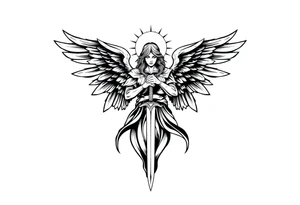 Majestic and powerful archangel wearing a halo, having six wings, weilding a sword tattoo idea