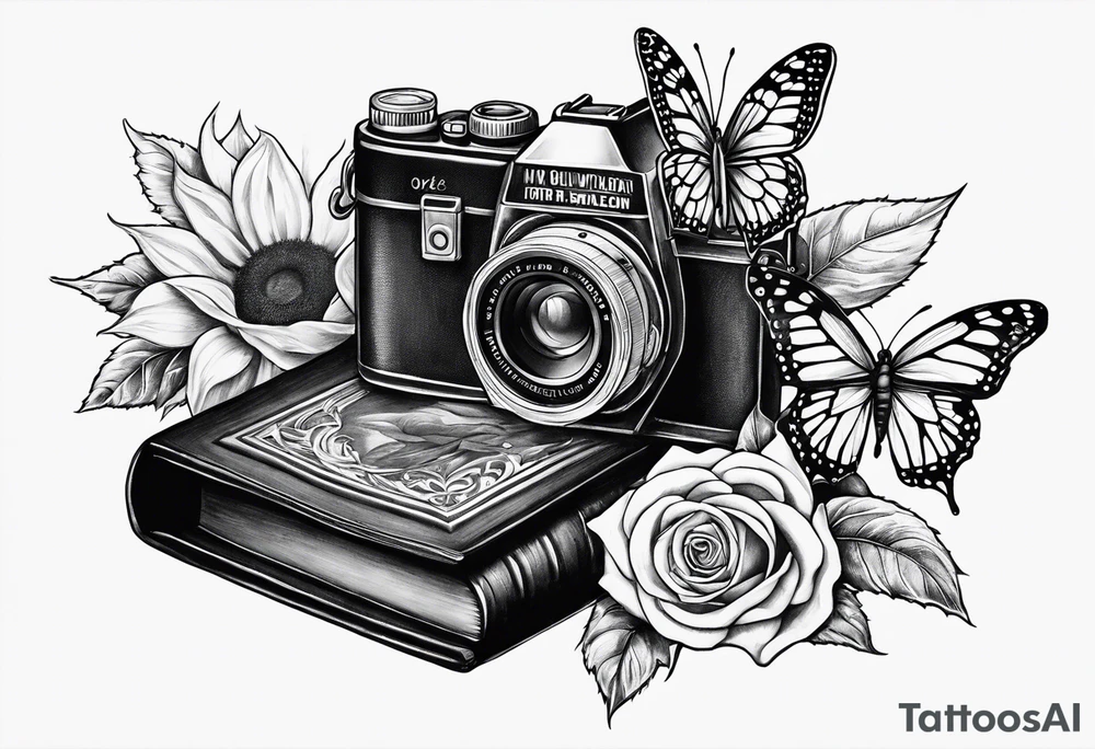 sunflower, camera, flower rose , book, butterfly tattoo idea sunflower, camera, flower rose , book, butterfly tattoo idea