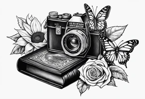 sunflower, camera, flower rose , book, butterfly tattoo idea