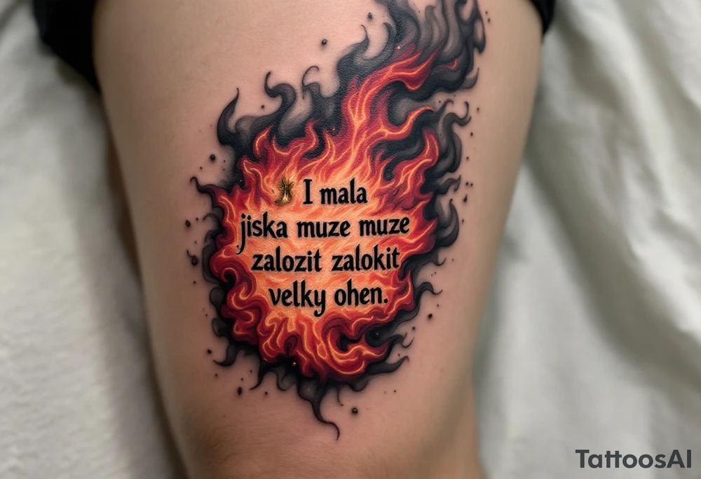 „I mala jiskra muze zalozit velky ohen.“ — A tiny golden spark igniting a roaring red-orange flame, with the phrase curling through the smoke. tattoo idea