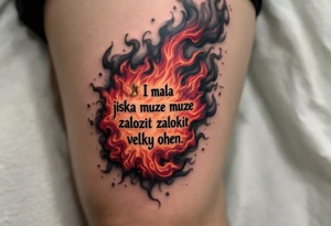 „I mala jiskra muze zalozit velky ohen.“ — A tiny golden spark igniting a roaring red-orange flame, with the phrase curling through the smoke. tattoo idea