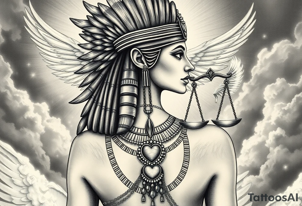 Beautiful Egyptian goddess and elegant body, depicted as a regal woman with an ostrich feather headdress, and intricate ancient Egyptian jewelry such as the Anhk necklace. Background includes something similar to heaven. Incorporate the Scales of Justice—one side holding a heart, the other Ma’at’s feather—glowing with ethereal energy. Emphasize dramatic lighting, deep shadows, and surreal, mystical atmosphere tattoo idea