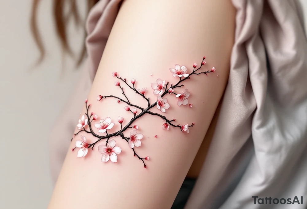 A cherry blossom branch bending into the infinity shape, with delicate pink flowers scattered around. tattoo idea