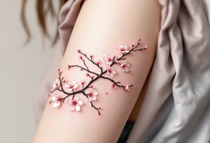 A cherry blossom branch bending into the infinity shape, with delicate pink flowers scattered around. tattoo idea