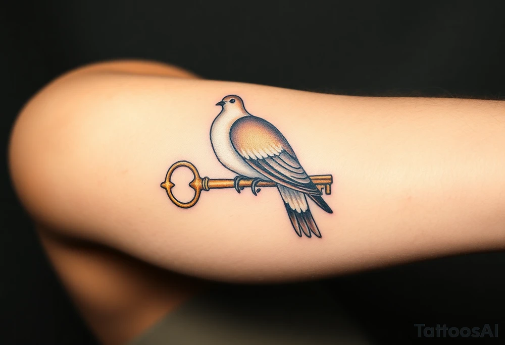 A collared dove perched on a vintage key, with the dove in soft browns and whites, and the key in antique gold, symbolizing love, protection, and freedom tattoo idea