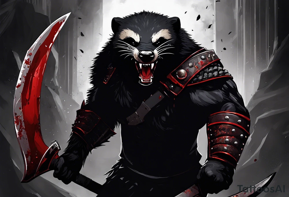 Draw me psychopath Fearless Honey Badger/Berserker with aggressive full body, killer face with a scary smile, very long nails and he attacks like a Bloody Assassin/Warrior/Gladiator to us and also, he has very deadly looking. He fights with his nails only. Everybody scares after their first sight. Give me horror type Badger Tattoo. I want to see his Realistic full body with no weapons. You can show destruction at the back. tattoo idea