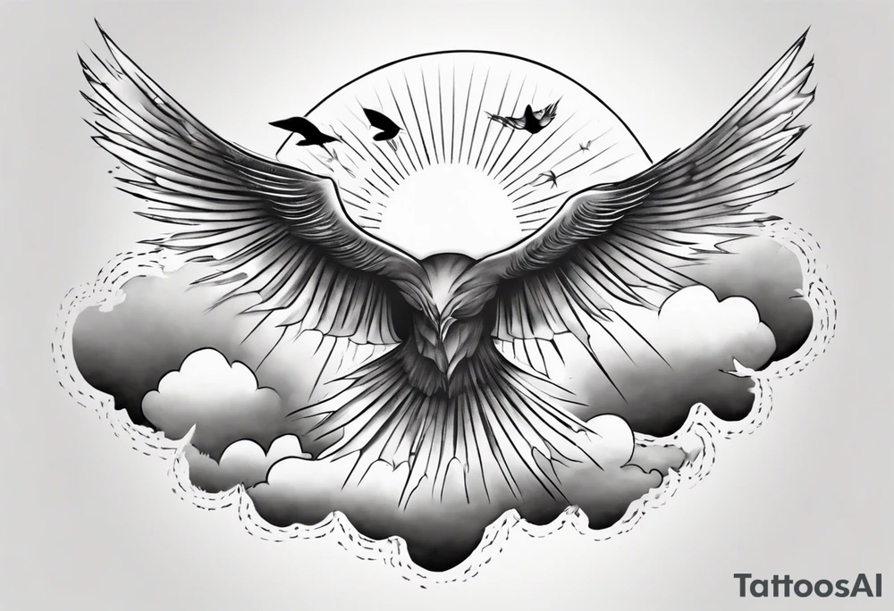 a shoulder tattoo with lots of rays of light in gradient, clouds and birds flying free tattoo idea