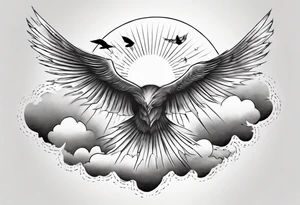 a shoulder tattoo with lots of rays of light in gradient, clouds and birds flying free tattoo idea