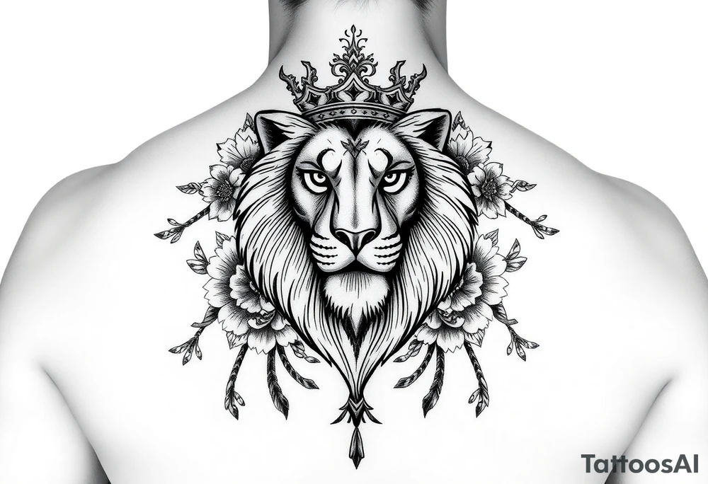 powerful majestic lion with a crown, surrounded by floral ornaments and birds tattoo idea