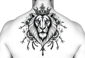 powerful majestic lion with a crown, surrounded by floral ornaments and birds tattoo idea